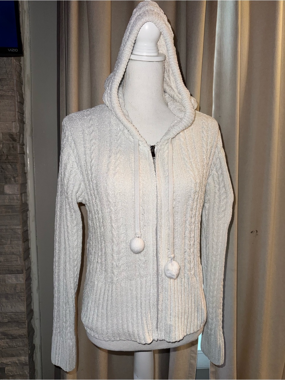 Cozy Hooded Zip-Up Sweater Jacket - Cream